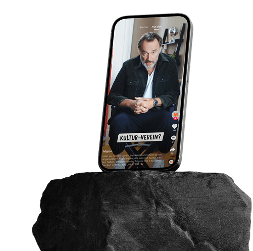 A smartphone mockup displays a TikTok where a man is speaking